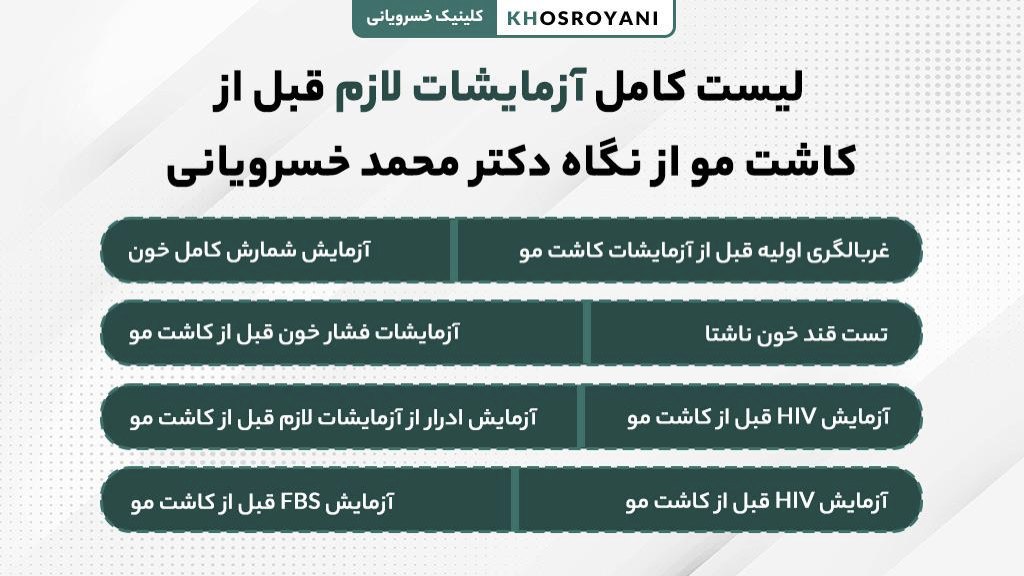 لیست کامل آزمایشات لازم قبل از کاشت مو از نگاه دکتر محمد خسرویانی